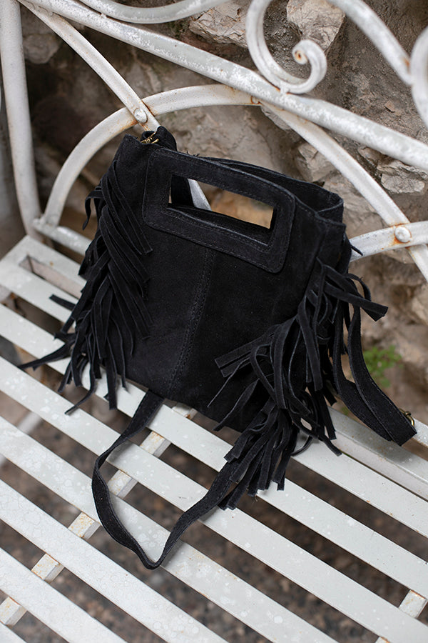 Sac Bandoulière Sac à Main Daim Noir Frange Daim Noir Sac à Main
